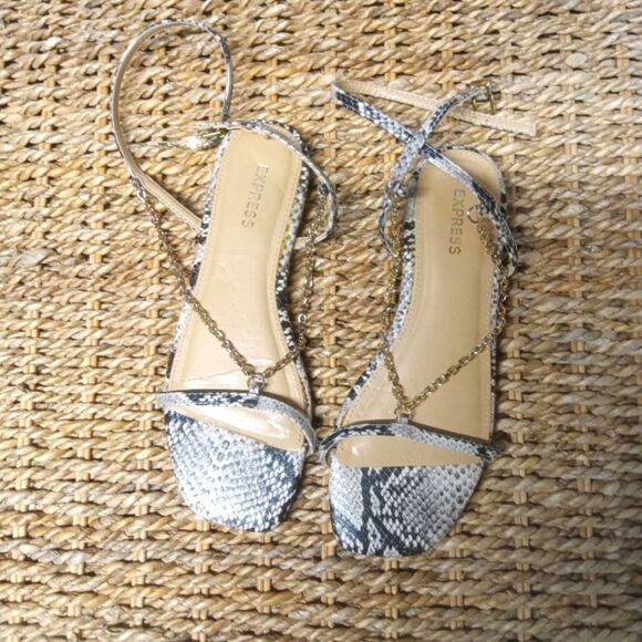 Express Faux Snakeskin Strappy Chain Sandals Women's Size 5 Flat - Picture 1 of 4